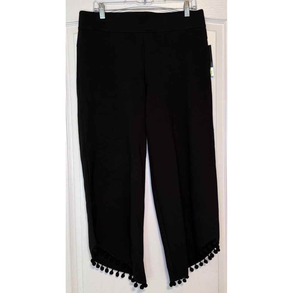 Slim Factor By Investments Crop Asymmetrical WOMEN Pant Size L Black Pom-Pom NWT